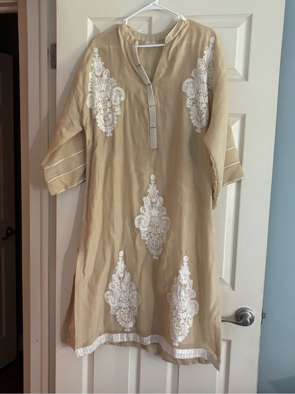 Beige Embroidered Tunic Dress with White Lace Accents